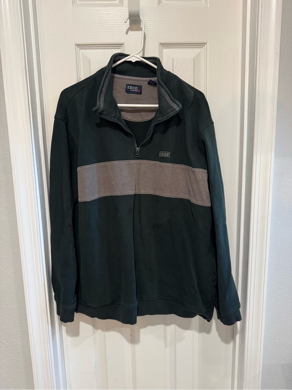 IZOD Men's Dark Green Quarter-Zip Sweater with Gray Stripe